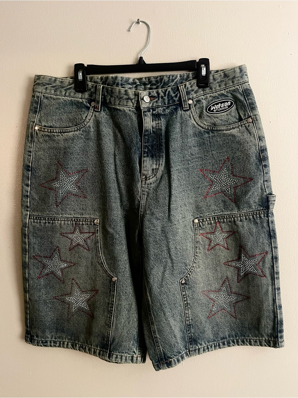 Watson Studio Star-Embellished Acid Wash Denim Shorts - Grey Size 38